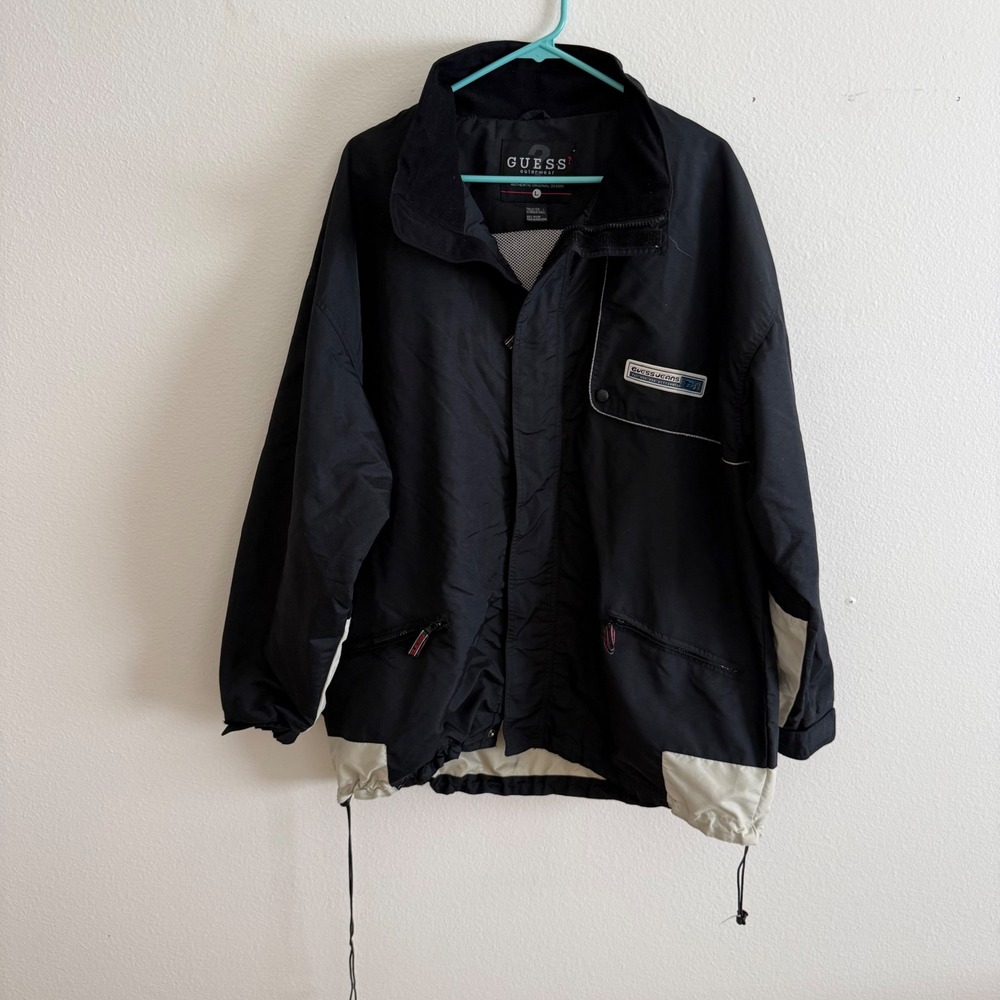 Vintage Guess Outerwear Black Nylon Windbreaker Jacket Mens Large Reflective L